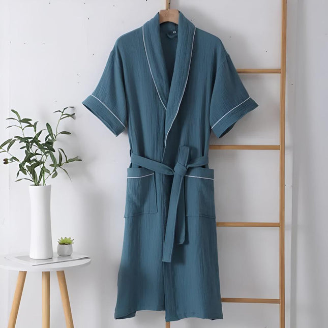 Bawełniana szata unisex z krótkim rękawem | Lekka dwuwarstwowa gaza | Oddychający i miękki | Można prać w praktyce | Idealny do wypoczynku i relaksu | Rozmiary M-XL | Idealny prezent na specjalne okazje