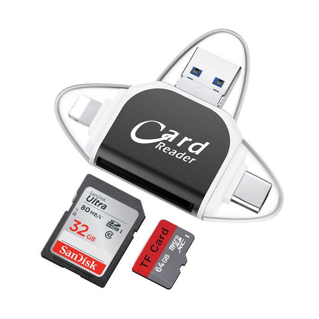 Uniwersalny czytnik kart pamięci 4 w 1 | Porty USB/USB C/Micro USB/Lightning | Zgodność kart SD TF | Obsługuje do 400 GB | Kompaktowa konstrukcja z brelokiem