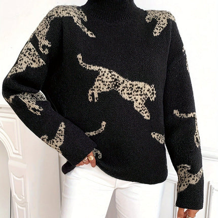 Damski golf z długim rękawem | Lampart | Dopasowane dopasowanie | Elegancki sweter jesienno-zimowy