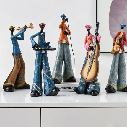 Rzeźba artystyczna zespół Rynx | Ręcznie wykonana żywiczne figurki muzyków | Unikalny wystrój domu | Kolekcjonerska statua | Prezenty dla fanów Rynx | Projekt w stylu vintage | Piosenkarz, gitara, fortepian, saksofon, trąbka