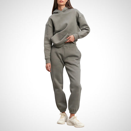 Damski zestaw do joggingu miejskiego | Stylowa bluza z kapturem i joggery | Miękki i oddychający bawełniany dres | Wszechstronny strój codzienny | Kieszeń kangurka i regulowany kaptur | Elastyczny pas i kieszenie boczne