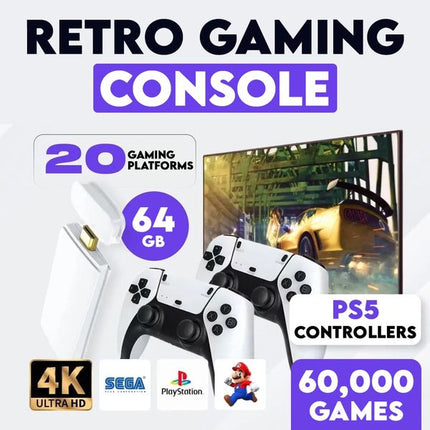 Retro konsola do gier | 60 000 gier klasycznych | Podłącz i graj | Dwa kontrolery bezprzewodowe | Obsługuje do 4 graczy | możliwość podłączenia do telewizora, projektora lub komputera