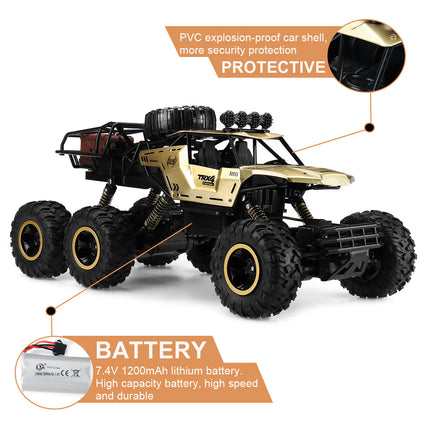 6-kołowy zdalnie sterowany Monster Truck w skali 1:12 | Możliwości terenowe | Zaawansowana technologia 2,4 GHz | Amortyzatory | Opony antypoślizgowe | Wysoka prędkość 52 km/h | Akumulator USB | Opcje czarno-złote