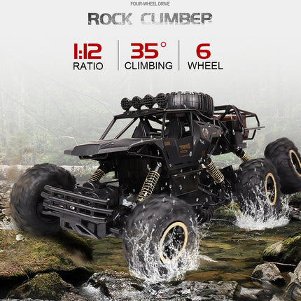 6-kołowy zdalnie sterowany Monster Truck w skali 1:12 | Możliwości terenowe | Zaawansowana technologia 2,4 GHz | Amortyzatory | Opony antypoślizgowe | Wysoka prędkość 52 km/h | Akumulator USB | Opcje czarno-złote