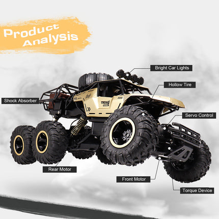 6-kołowy zdalnie sterowany Monster Truck w skali 1:12 | Możliwości terenowe | Zaawansowana technologia 2,4 GHz | Amortyzatory | Opony antypoślizgowe | Wysoka prędkość 52 km/h | Akumulator USB | Opcje czarno-złote