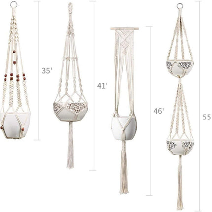 Zestaw Makramowych Wieszaków na Rośliny | 4 Częściowy Boho Dekor | Vintage Bawełniany Sznurek w Kolorze Kości Słoniowej | Zrób Doniczek do 18 cm | Przyjazny dla Środowiska i Trwały | Idealny do Wnętrz Domowych