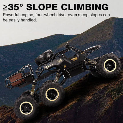 6-kołowy zdalnie sterowany Monster Truck w skali 1:12 | Możliwości terenowe | Zaawansowana technologia 2,4 GHz | Amortyzatory | Opony antypoślizgowe | Wysoka prędkość 52 km/h | Akumulator USB | Opcje czarno-złote