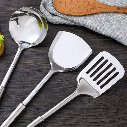 Zestaw przyborów kuchennych ze stali nierdzewnej | 5 sztuk | specjalista | Ergonomiczne uchwyty | Zawiera szpatułkę, kadzię, skimmer | Trwałe, odporne na rdzę i żaroodporne | Można myć w zmywarkach | Zastosowanie w domu i restauracji