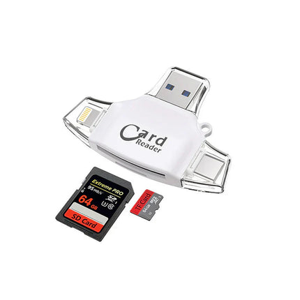 Uniwersalny czytnik kart pamięci 4 w 1 | Porty USB/USB C/Micro USB/Lightning | Zgodność kart SD TF | Obsługuje do 400 GB | Kompaktowa konstrukcja z brelokiem