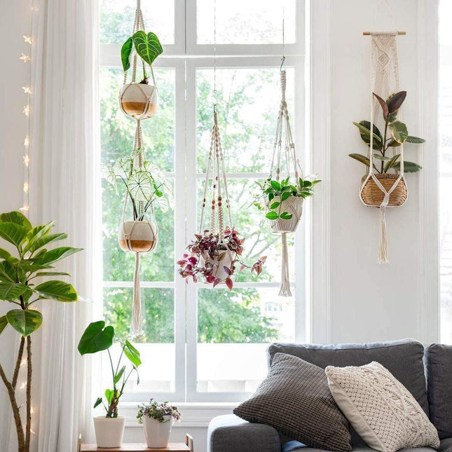 Zestaw Makramowych Wieszaków na Rośliny | 4 Częściowy Boho Dekor | Vintage Bawełniany Sznurek w Kolorze Kości Słoniowej | Zrób Doniczek do 18 cm | Przyjazny dla Środowiska i Trwały | Idealny do Wnętrz Domowych