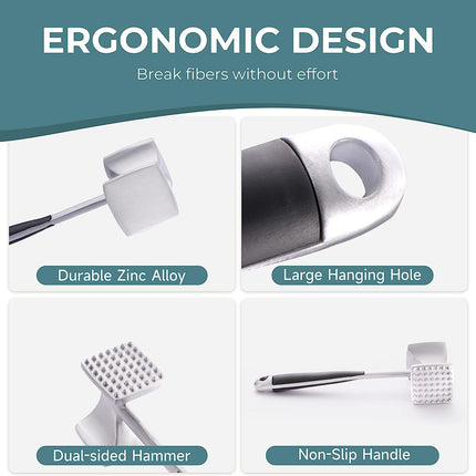 Ergonomiczny młotek do rozbijania mięsa Kitexpert | Dwustronny młotek | Wygodny uchwyt do rozpowszechniania | Teksturowane i gładkie boki | Wszechstronny do mięsa, lodu, czosnku | 9,4 cala długość, 3,4 cala szerokość, 9,5 uncji | Zrób porządek
