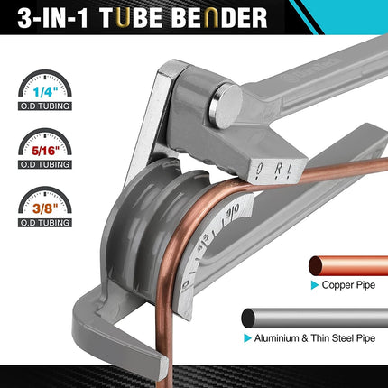 Giętarka do rur 3 w 1 | Narzędzie do gięcia 1/4" 5/16" 3/8" | Do miedzi, paliwa, aluminium, cienkiej stali | Lekkie, szare aluminium | Ergonomiczny uchwyt | Precyzyjne oznaczenia | Łuki do 90° | Hydraulika dla majsterkowiczów Motoryzacja