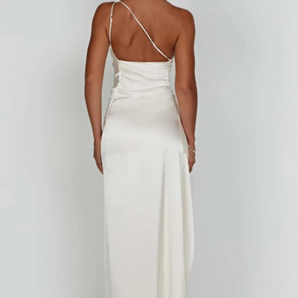 Ewa | Plisowana Satynowa Sukienka Maxi | Elegancka suknia z rozcięciem na jedno ramię na eleganckie wydarzenia