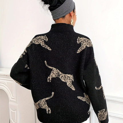 Damski golf z długim rękawem | Lampart | Dopasowane dopasowanie | Elegancki sweter jesienno-zimowy