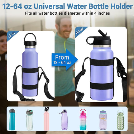 Uniwersalny pasek do noszenia butelek z wodą | Regulowany pasek na ramię | kompatybily z butelkami 12-64 Oz | Poliester i guma | Pasuje do wąskich i średnich | Trzy możliwości przenoszenia | Piesze wędrówki i pływanie na świeżym powietrzu