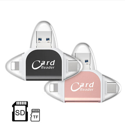 Uniwersalny czytnik kart pamięci 4 w 1 | Porty USB/USB C/Micro USB/Lightning | Zgodność kart SD TF | Obsługuje do 400 GB | Kompaktowa konstrukcja z brelokiem