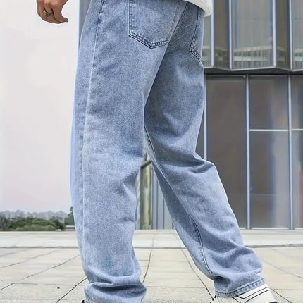 Lekko sprane męskie dżinsy w stylu vintage z prostymi nogawkami | Klasyczny komfort | Dopasowanie ze stanem | Wszechstronny styl | 100% bawełna | Wiele rozmiarów | Jasnoniebieski | Trwała odzież na co dzień | Wygodny, niewielki wygląd