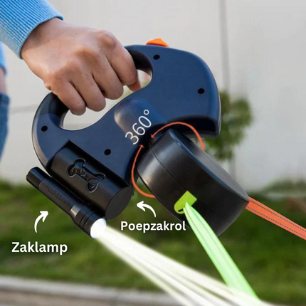 Smycz DuoPaw | Podwójna kontrola psa | 360° bez plątaniny | Odblaskowy projekt | Wbudowana latarka | Długość 3m | Dla psów do 30 kg | Przyciski oznaczone kolorami dla łatwej obsługi