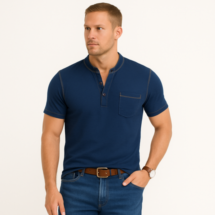 Męska koszulka polo Henley Collar Armoire Melbourne | Krótki rękaw | Projekt bloków kolorów | Dopasowany krój | Miękka, oddychająca tkanina | Wszechstronna odzież codzienna | Wiele wspólnych | Modny komfort dla młodych i starszych mężczyzn