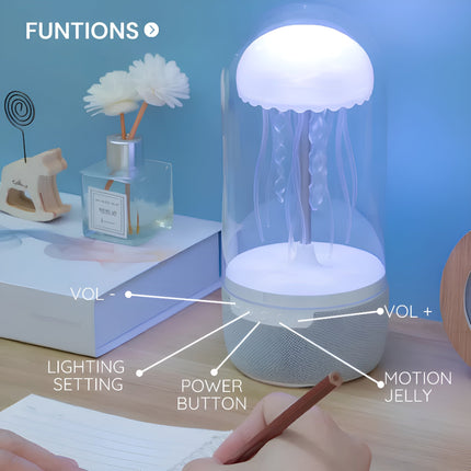 Przenośna lampa z pływającą meduzą | Głośnik Bluetooth | 8 zmieniających kolory świateł LED | Akumulator USB-C | Wystrój Pokoju | Relaks i Imprezowa Atmosfera | Intuicyjne sterowanie dotykowe | Nowoczesne urządzenie audiowizualne