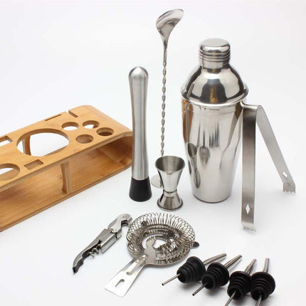 Zestaw koktajlowy Mixology | Zestaw narzędzi do prętów ze stali nierdzewnej | Stojak bambusowy | Shaker 750ml | Łyżka Barowa | Mętlik | Sitko | Jigger | Szczypce do lodu | Nalewaki zestaw 4 | Otwieracz do butelki | Domowy ekspres do koktajli