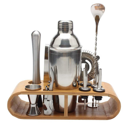 Zestaw koktajlowy Mixology | Zestaw narzędzi do prętów ze stali nierdzewnej | Stojak bambusowy | Shaker 750ml | Łyżka Barowa | Mętlik | Sitko | Jigger | Szczypce do lodu | Nalewaki zestaw 4 | Otwieracz do butelki | Domowy ekspres do koktajli