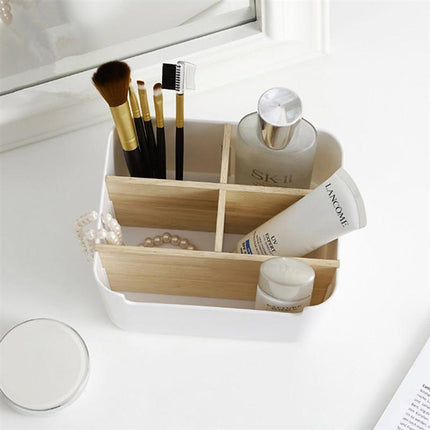 Trwały organizer na biurko w neutralnym kolorze | Kompaktowy 18x9,5x14,3cm | Uporządkowanie przestrzeni roboczej | Uniwersalne zastosowanie w kosmetykach, kosmetykach lub toaletach | Utrzymuj porządek w głównych rzeczach