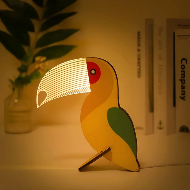 Drewniana lampa stołowa ze zwierzętami | Lampka nocna LED dla dzieci | Zasilany przez USB | Projekt akrylu i drewna | Pelikan, Syriusz, Wieloryb, Motywy Tukana | dotknij opcji zmiany | Kojący, miękki blask | Dziki Blask