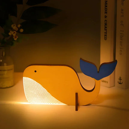 Drewniana lampa stołowa ze zwierzętami | Lampka nocna LED dla dzieci | Zasilany przez USB | Projekt akrylu i drewna | Pelikan, Syriusz, Wieloryb, Motywy Tukana | dotknij opcji zmiany | Kojący, miękki blask | Dziki Blask