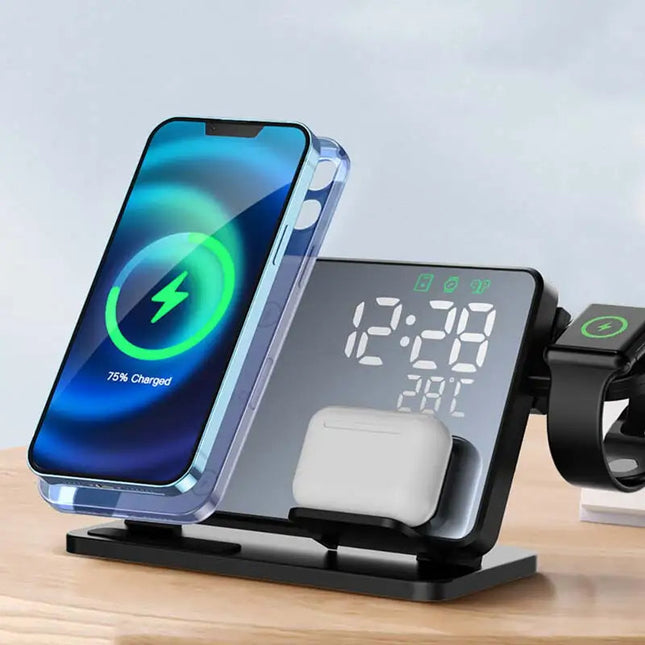 Bezprzewodowa stacja ładowania 3 w 1 z budzikiem | kompatybilny z Apple iPhone, Watch i AirPods | Technologia Qi | Wielofunkcyjne i stylowe rozwiązanie dokujące