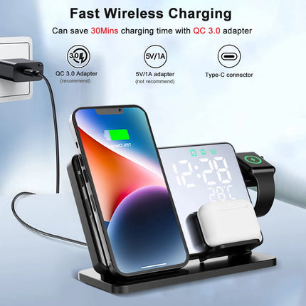 Bezprzewodowa stacja ładowania 3 w 1 z budzikiem | kompatybilny z Apple iPhone, Watch i AirPods | Technologia Qi | Wielofunkcyjne i stylowe rozwiązanie dokujące