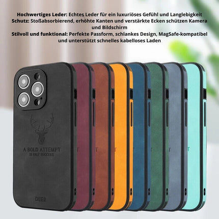 Luksusowe skórzane etui na iPhone'a | Elegancki wygląd i ochrona odporna na wstrząsy | Wysokiej jakości materiał | Precyzyjne dopasowanie i wycięcia | Cienki i lekki | Dostępne w różnych kolorach i wykończeniach