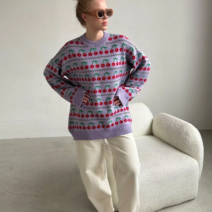 Sweter z dzianiny w stylu retro wiśniowym | Okrągły dekolt | Długi rękaw | Miękka, oddychająca tkanina | Rozmiary S M L | Średnia długość | Moda Jesienna 2024