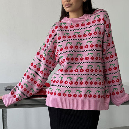 Sweter z dzianiny w stylu retro wiśniowym | Okrągły dekolt | Długi rękaw | Miękka, oddychająca tkanina | Rozmiary S M L | Średnia długość | Moda Jesienna 2024