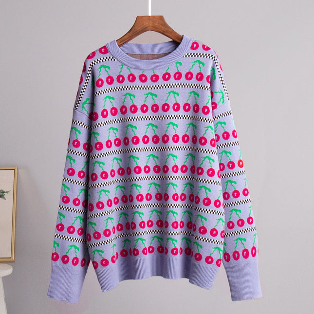 Sweter z dzianiny w stylu retro wiśniowym | Okrągły dekolt | Długi rękaw | Miękka, oddychająca tkanina | Rozmiary S M L | Średnia długość | Moda Jesienna 2024