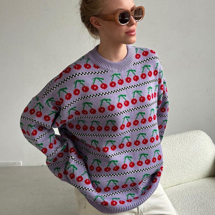 Sweter z dzianiny w stylu retro wiśniowym | Okrągły dekolt | Długi rękaw | Miękka, oddychająca tkanina | Rozmiary S M L | Średnia długość | Moda Jesienna 2024