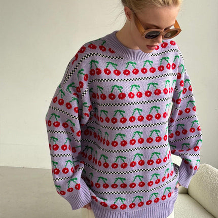 Sweter z dzianiny w stylu retro wiśniowym | Okrągły dekolt | Długi rękaw | Miękka, oddychająca tkanina | Rozmiary S M L | Średnia długość | Moda Jesienna 2024