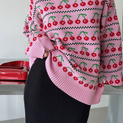 Sweter z dzianiny w stylu retro wiśniowym | Okrągły dekolt | Długi rękaw | Miękka, oddychająca tkanina | Rozmiary S M L | Średnia długość | Moda Jesienna 2024