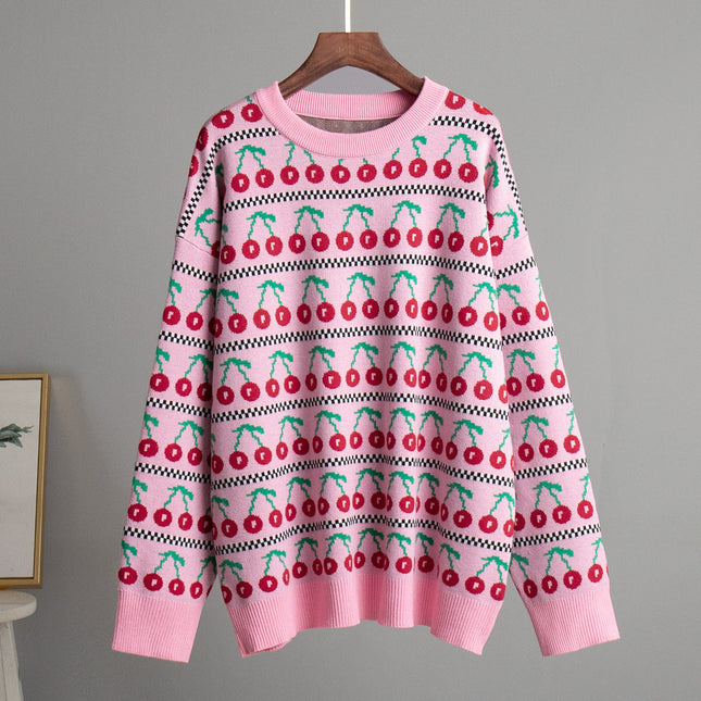 Sweter z dzianiny w stylu retro wiśniowym | Okrągły dekolt | Długi rękaw | Miękka, oddychająca tkanina | Rozmiary S M L | Średnia długość | Moda Jesienna 2024