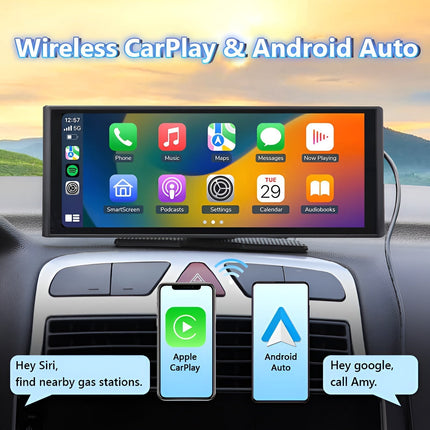 Bezprzewodowy ekran CarPlay HD o przekątnej 10,3 cala | Odłączany wyświetlacz | Bluetooth 5.0 | Wbudowany Android Auto | Kamera przednia 4K | Radio FM | Łatwa instalacja | Zawiera kamerę cofania | Rozdzielczość 1600x600