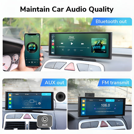 Bezprzewodowy ekran CarPlay HD o przekątnej 10,3 cala | Odłączany wyświetlacz | Bluetooth 5.0 | Wbudowany Android Auto | Kamera przednia 4K | Radio FM | Łatwa instalacja | Zawiera kamerę cofania | Rozdzielczość 1600x600