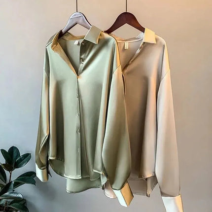 Satynowa koszula damska | Zapięcie na guziki | Długi rękaw | Zrelaksowany krój | Wszechstronna moda | Dostępne XS-2XL | duże kolory Zielony, Szampan, Biały, Czarny | Idealny do noszenia w dniu, na co dzień i formalnie | Styl ponadczasowy