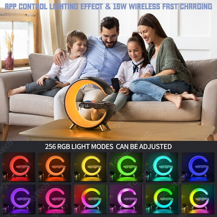 Wielofunkcyjny ChargeHub | Lampka nocna LED RGB | Cyfrowy budzik | Bezprzewodowa ładowarka | Głośnik Bluetooth | Kontrolowane przez zastosowanie użytkownika i alarmy | Zalecane do stosowania w warunkach naturalnych