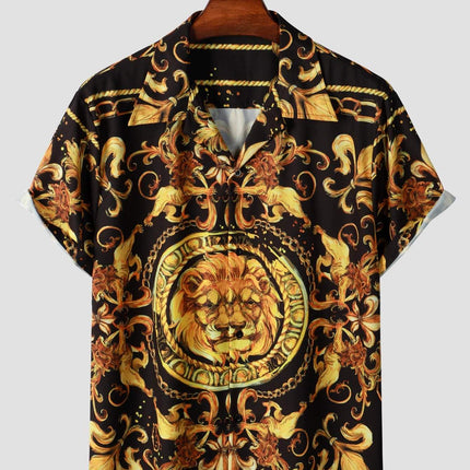 Retro Barokke Leeuwenprint Heren Bowlingshirt-Hawaiiaans Shirt Met Korte Mouwen Voor Dagelijks Gebruik, Vakantie En Strandresor - Visconte