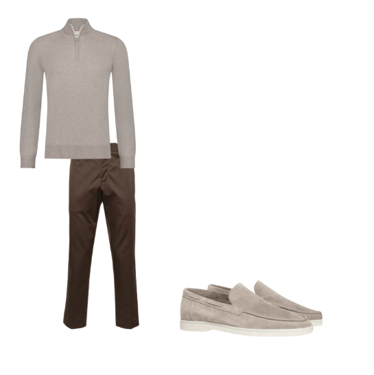 Wyrafinowany zestaw męski w kolorze beżowo-brązowym | Spodnie bawełniane slim fit | Sweter z wełny merynosów, zapinany na zamek | Zamszowe mokasyny premium | Eleganckie i wygodne