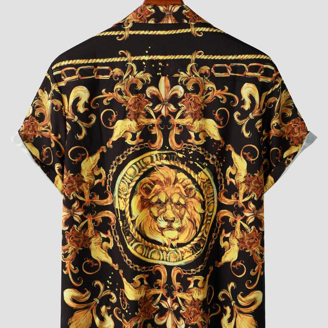 Retro Barokke Leeuwenprint Heren Bowlingshirt-Hawaiiaans Shirt Met Korte Mouwen Voor Dagelijks Gebruik, Vakantie En Strandresor - Visconte