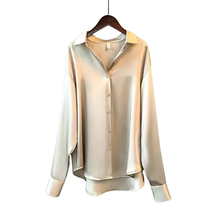 Satynowa koszula damska | Zapięcie na guziki | Długi rękaw | Zrelaksowany krój | Wszechstronna moda | Dostępne XS-2XL | duże kolory Zielony, Szampan, Biały, Czarny | Idealny do noszenia w dniu, na co dzień i formalnie | Styl ponadczasowy