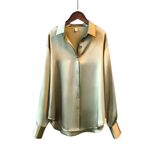 Satynowa koszula damska | Zapięcie na guziki | Długi rękaw | Zrelaksowany krój | Wszechstronna moda | Dostępne XS-2XL | duże kolory Zielony, Szampan, Biały, Czarny | Idealny do noszenia w dniu, na co dzień i formalnie | Styl ponadczasowy