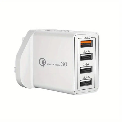 4-portowa ładowarka USB | Technologia QC3.0 | Wtyczka UK | Uniwersalna kompatybilność | Ognioodporna obudowa | Kompaktowy projekt | Idealna na podróż | Ochrona obciążeniowa i przed zwarciami | 36W | Szybkie ładowanie