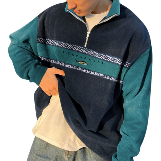 Męski sweter inspirowany stylem vintage | Luźny krój, zamek napędowy | Długi rękaw z wysokim kołnierzem | Urok w stylu retro na nieformalne wyjścia | Letnia dzianina warstwowa | Dostępne w kolorze żółtym, khaki, niebieskim | Rozmiary S-3XL
